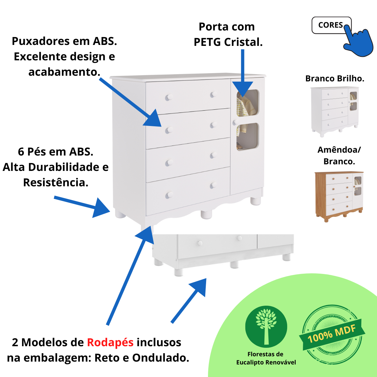 Quarto de Bebê Completo Berço Americano e Cômoda Uli Peroba - Branco Brilho - 4