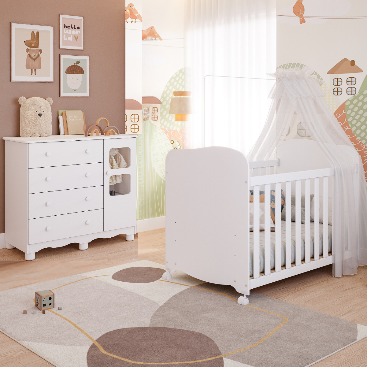 Quarto de Bebê Completo Berço Americano e Cômoda Uli Peroba - Branco Brilho