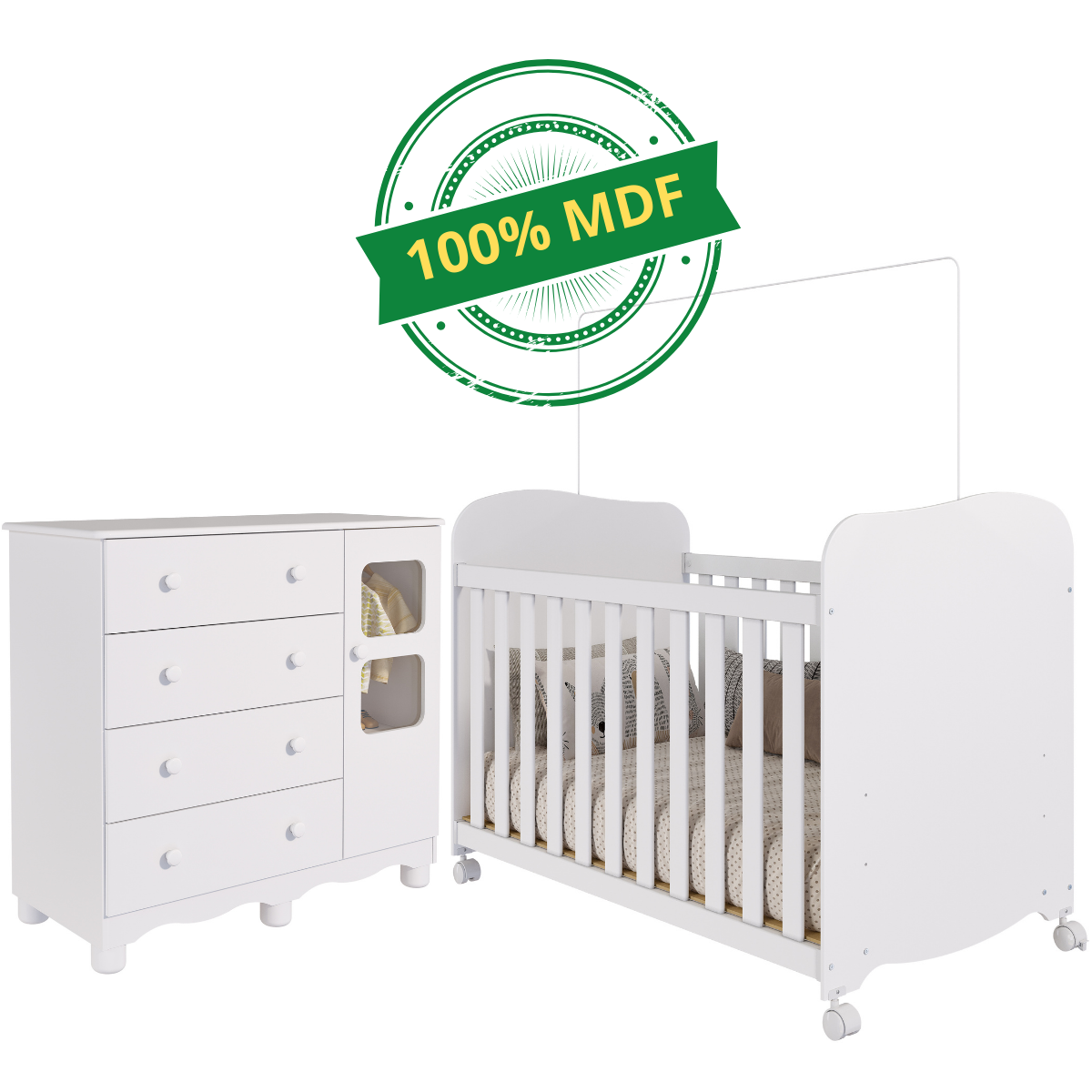 Quarto de Bebê Completo Berço Americano e Cômoda Uli Peroba - Branco Brilho - 8