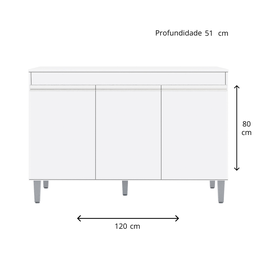 Balcão Multiuso para Cozinha Moderno 1,2m 3 Portas - Manu: Branco - 2