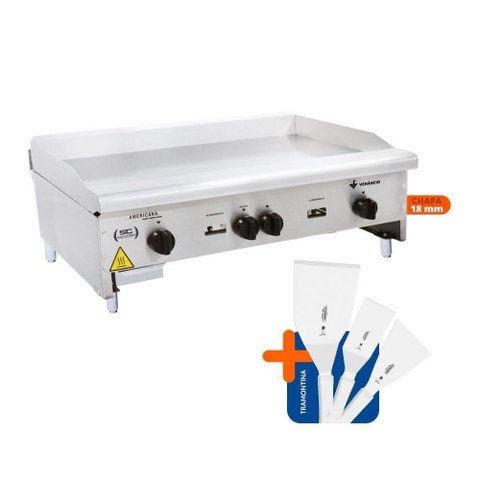 Chapa Americana Profissional 90cm a Gás 18mm Lisa Inox Cg90 e Conjunto de Espátulas - Venâncio