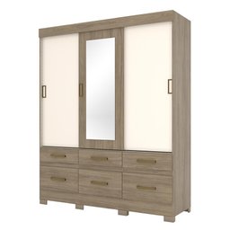 Guarda Roupa Taiga 3 Portas de Correr e 6 Gavetas Flex com Espelho Rústico/Off White - Móveis Briz - 1