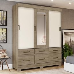 Guarda Roupa Taiga 3 Portas de Correr e 6 Gavetas Flex com Espelho Rústico/Off White - Móveis Briz - 2