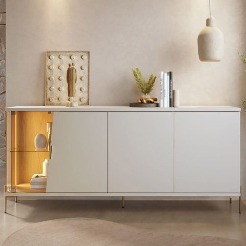 Aparador Buffet para Sala de Jantar 4 Portas 182cm Pés Industrial Dourado Mosele C04 Off White Matte
