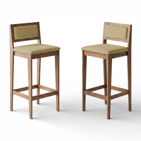 Kit 02 Banquetas Altas Lenna 99cm em Madeira e Encosto Estofado Linho Palha - Desk Design