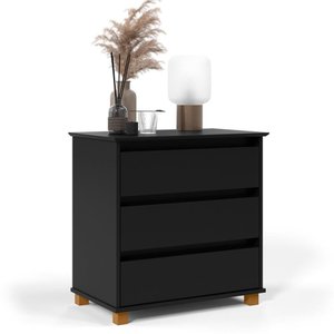 Cômoda Preta Pequena com 3 Gavetas e Pés de Madeira Preta