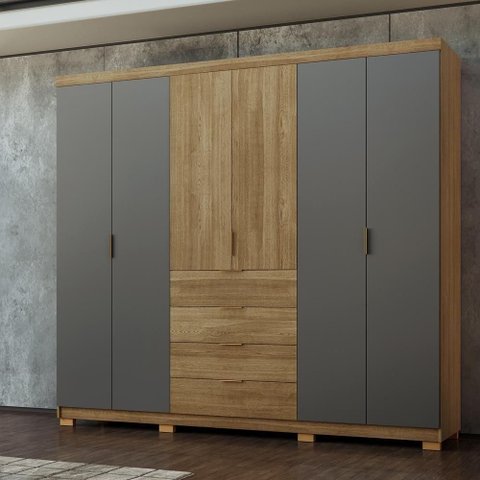 Guarda Roupa Casal Dubai Ouro 6 Portas de Bater 4 Gavetas MDF Laqueado Nature-Alasca Vila Rica
