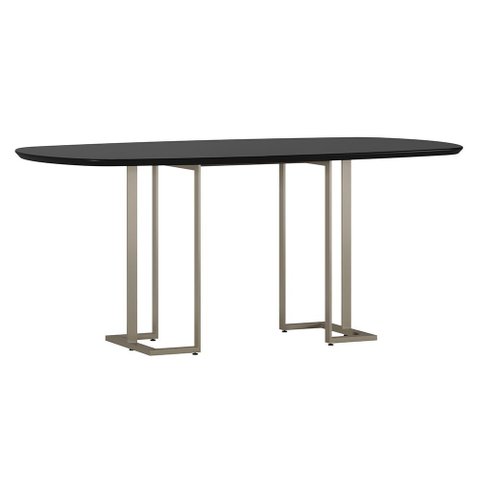 Mesa de Jantar 6 Lugares Retangular Orgânico com Vidro 180cm Pés Industrial Alina N01 Preto Champanh