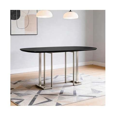 Mesa de Jantar 6 Lugares Retangular Orgânico com Vidro 180cm Pés Industrial Alina N01 Preto Champanh