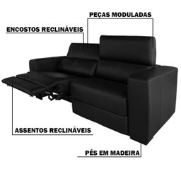 Sofá Reclinável Automático 2,10M Sala de Estar Rene Modern Couro Preto - Gran Belo - 4