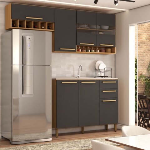 Cozinha Compacta Nottes 7 Portas 2 Gavetas 100% Mdf com Vidro Amêndoa/chumbo - Panorama Móveis
