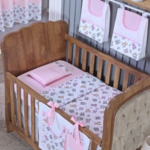 Enxoval de Bebe Kit de Berço Americano Cortina Algodão Menino Menina 9 Peças:urso Rosa