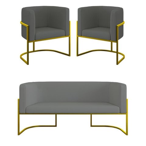 Kit 2 Poltronas Sofá 2 Lugares para Recepção Gold Veludo Cinza