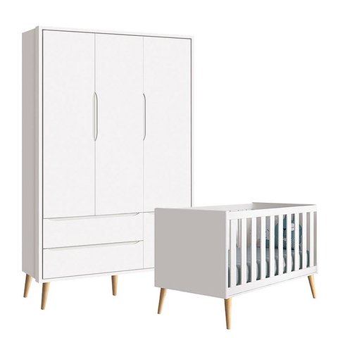 Berço Americano e Guarda Roupa 3 Portas Infantil Theo Branco Acetinado com Pés Madeira Natural – Rel
