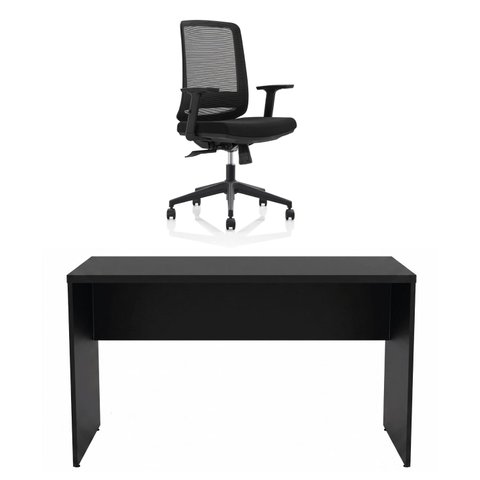 Conjunto Mesa de Escritório 140x60cm + Cadeira Ergonômica Sistema Syncron Pistão Classe 4 Reclinável