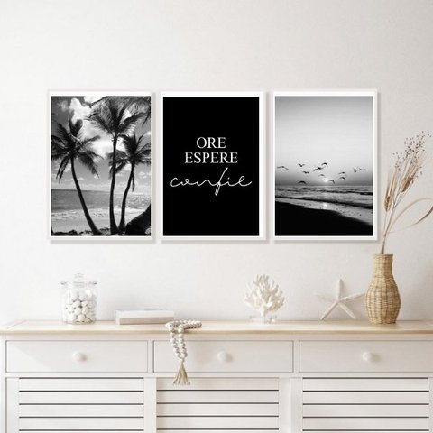 Kit 3 Quadros Praia Preto e Branco Ore Espere Confie 24x18cm - com Vidro:madeira Branca