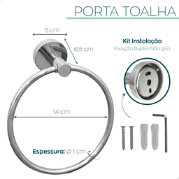 Suporte Porta Toalha Argola Toalheiro Inox Cromado Porta Toalha de Rosto Redondo Acessório Banheiro - 4