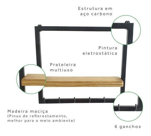 Porta Chaves E Organizador Design Ferro E Madeira Preto - 2