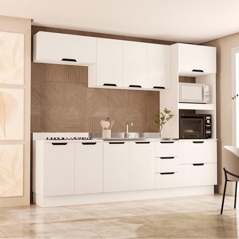 Cozinha Meena 5 Peças 270x224,5cm Armários Aéreos Torre Quente Balcões c/ Rodapé Branco 250061
