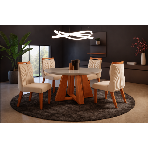 Sala de Jantar Redonda Vidro e 4 Cadeiras -  Suede Creme Havana - Lj