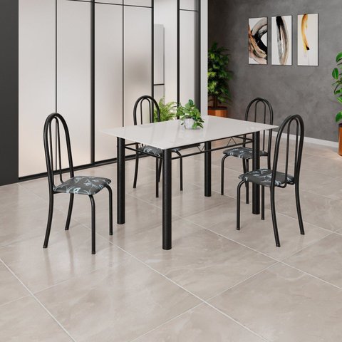 Conjunto de Mesa Tubular 120cm x 75cm Tampo em Vidro com 4 Cadeiras Iris B Preto/Off White