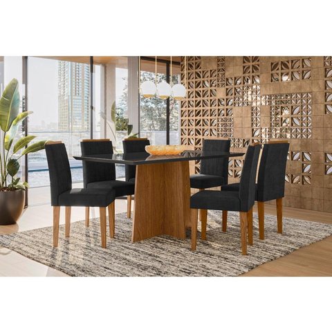 Mesa de Jantar Ambiente Anitta 160x90 Cm com Vidro Ype Preto e 6 Cadeiras Ana Ype Veludo Preto – New