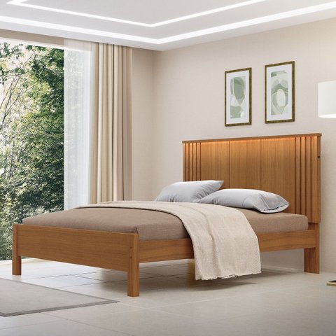Cama de Casal 100% MDF com LED 123cm x 175cm Duo Marrom/Freijó