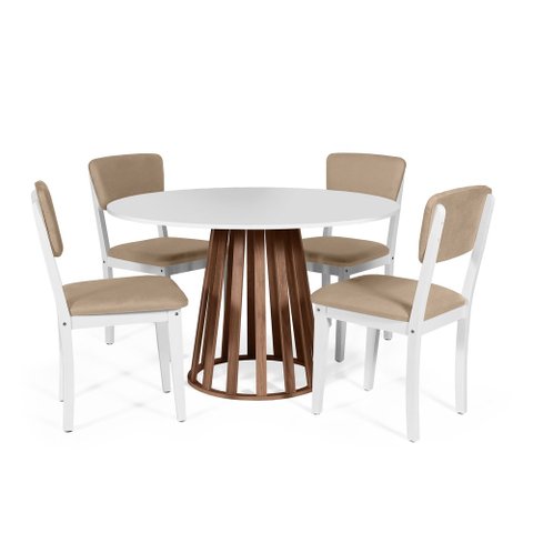 Mesa de Jantar Redonda Gabi Bran/nor com 4 Cadeiras Estofadas Ella Branco/marrom Claro