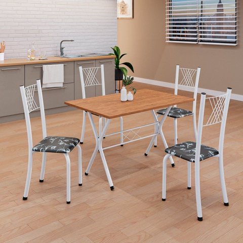 Conjunto de Mesa Tubular 062 100x60cm Tampo em MDF com 4 Cadeiras Sara Branco/Preto
