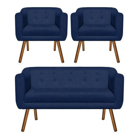 Kit 01 Namoradeira e 02 Poltronas Julia Suede Pés Palito Castanho D'Rossi - Azul Marinho