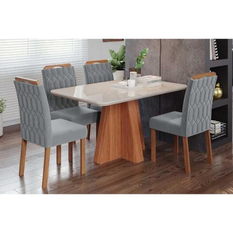 Conjunto: Mesa Sala Jantar Maitê Tampo Madeirado C/ Vidro 130x80cm e 4 Cadeiras Paola Cinamomo/off
