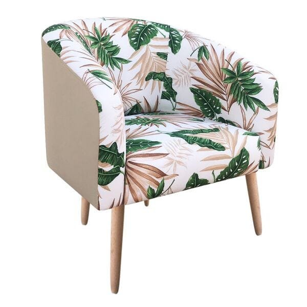 Poltrona Stella Estampado Folhas D66 com Corino Pés Palito Natural D'Rossi - Bege