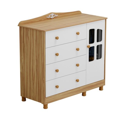 Cômoda de Bebê Elô 1 Porta com Janela 4 Gavetas - Moveis Peroba Amendoa/off White