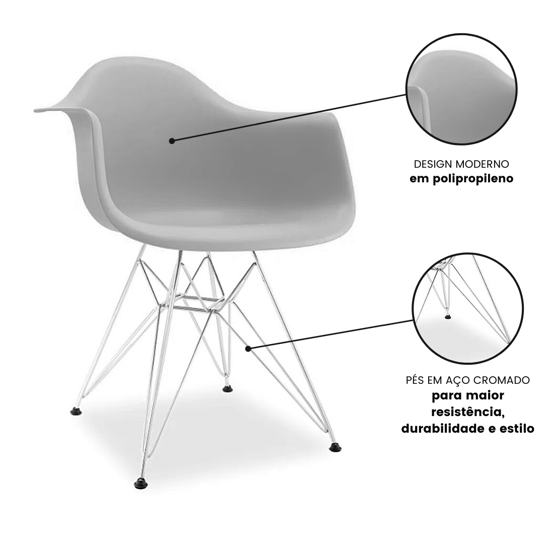 Kit 6 Cadeiras Charles Eames Braço Cinza Ferro Cromado - 6