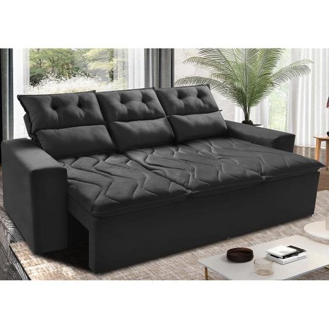 Sofá 3 Lugares Retrátil e Reclinável 2.00m Cama Inbox Smal com Bordado Pantográfico Suede Preto