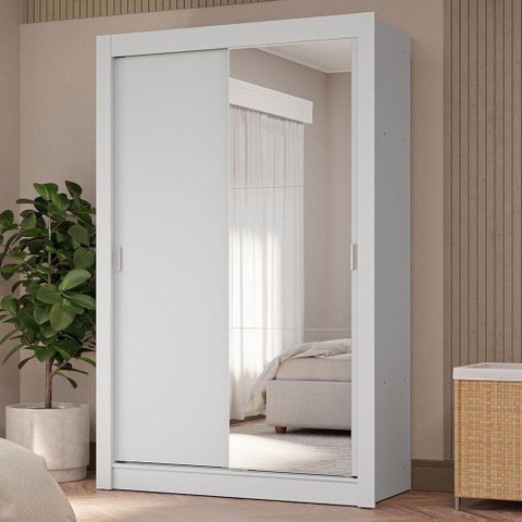 Guarda-roupa Solteiro 2 Portas de Correr com Espelho 4 Gavetas Branco Vivare Plus Madesa Branco