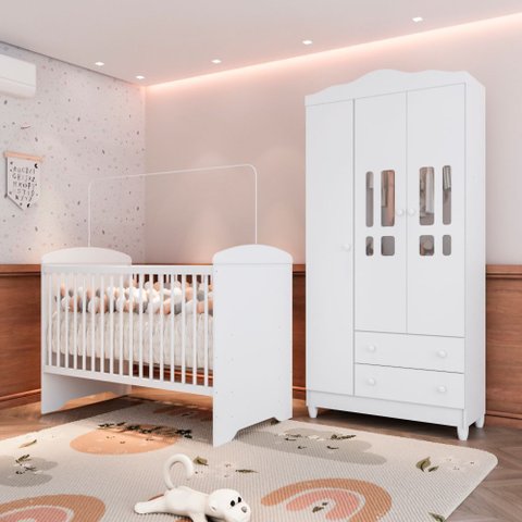 Conjunto Quarto Bebê Berço 3EM1 Eloá Guarda Roupa 3 Portas 100% MDF Branco