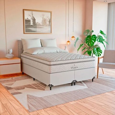 Cama Box Casal Bipartido + Colchão Paris Molas Branco Couro Branco/branco
