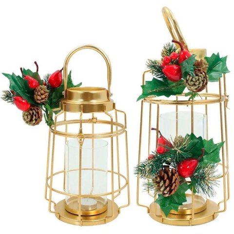 Kit 2 Lamparinas Natal Dourada em Metal Decorativa 30cm 36cm