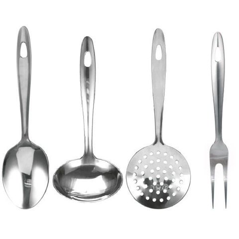 Kit Utensílios de Cozinha Inox 4 Peças Pequenas Colher, Concha, Escumadeira Servir e Cozinhar