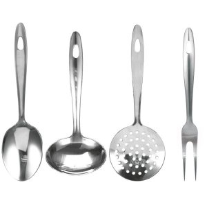 Kit Utensílios de Cozinha Inox 4 Peças Pequenas Colher, Concha, Escumadeira Servir e Cozinhar