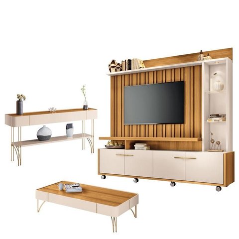 Estante Home Theater Titan e Aparador Vivant e Mesa de Centro Cadenza Cinamomo Off White - Hb Móveis