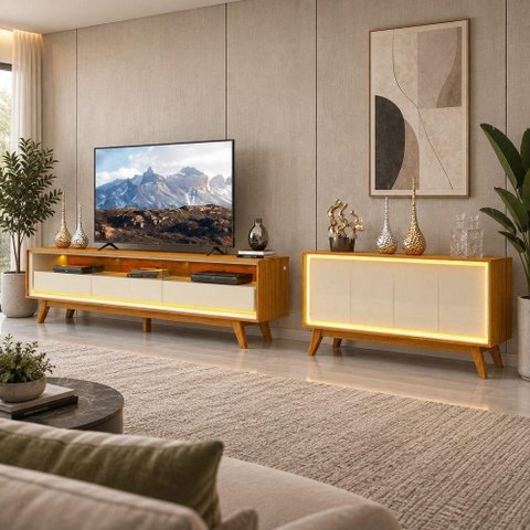 Conjunto Rack + Buffet Requinte 212cm com LED Off White Gelius Móveis