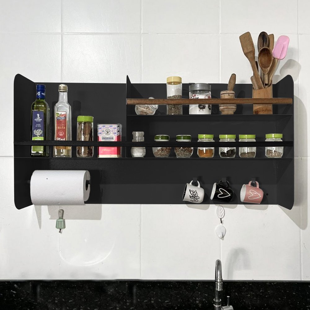 Organizador Multiuso Cozinha em Aço Carbono Preto Madeira 100cm Linha Home