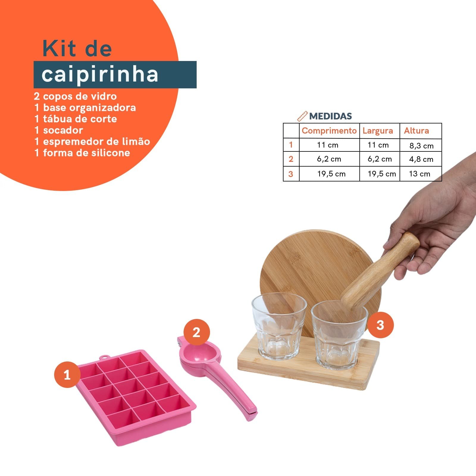 Kit caipirinha com espremedor e forma gelo 7 pç rosa– Oikos - 2