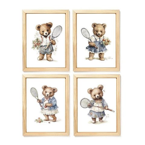 Kit Quadro Ursa Tenista Decorativo Quarto Criança Bebê Enxoval Menina