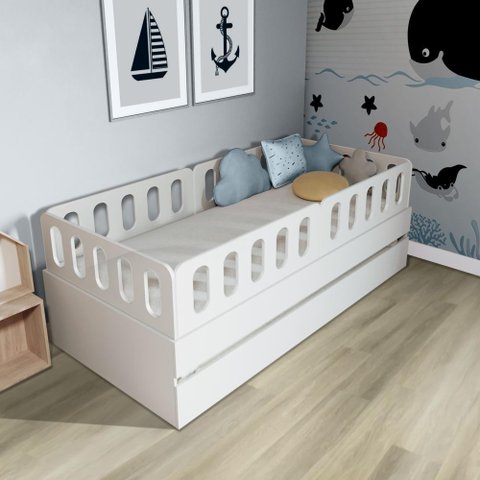 Bicama Solteiro Mdf Bp Branco com 04 Grades e Cabeceira Megamobilia