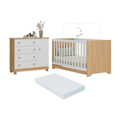 Berço Americano 3 em 1 com Colchão Incluso e Cômoda 1 Porta 4 Gavetas Allegra Multimóveis Mp4696