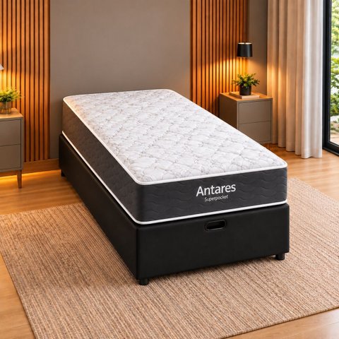 Cama Box Baú Airtech Antares Solteiro + Colchão de Molas Ensacadas - Ortobom - Spring - 88x188x67cm