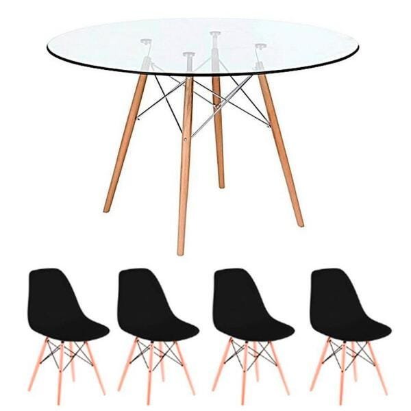 Conjunto Mesa de Jantar Eames 90cm Vidro + 4 Cadeiras Eames Preto